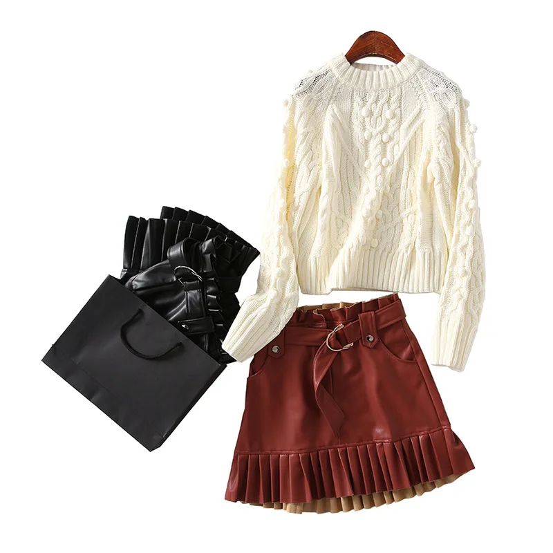 

A Generation of Cable Knitting Crew Neck Sweater High-waisted Pleated Pu Half-length Leather Skirt Two-Piece Women's Entity