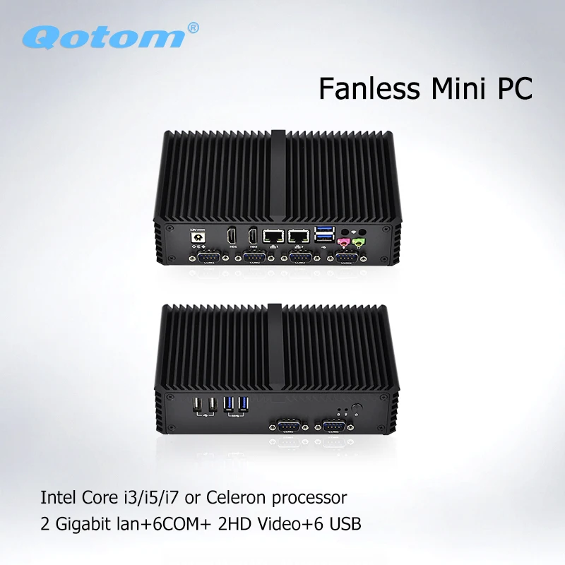 Qotom мини ПК x86 двухъядерный процессор celeron i3 i5 двойной дисплей 6rs232 linux Ubuntu