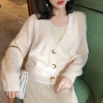 

Elegant Women Cardigans Casual V-Neck Cashmere mohair Knitted Solid color Slim velvet Female Coat woman warm winter 2020 clothes