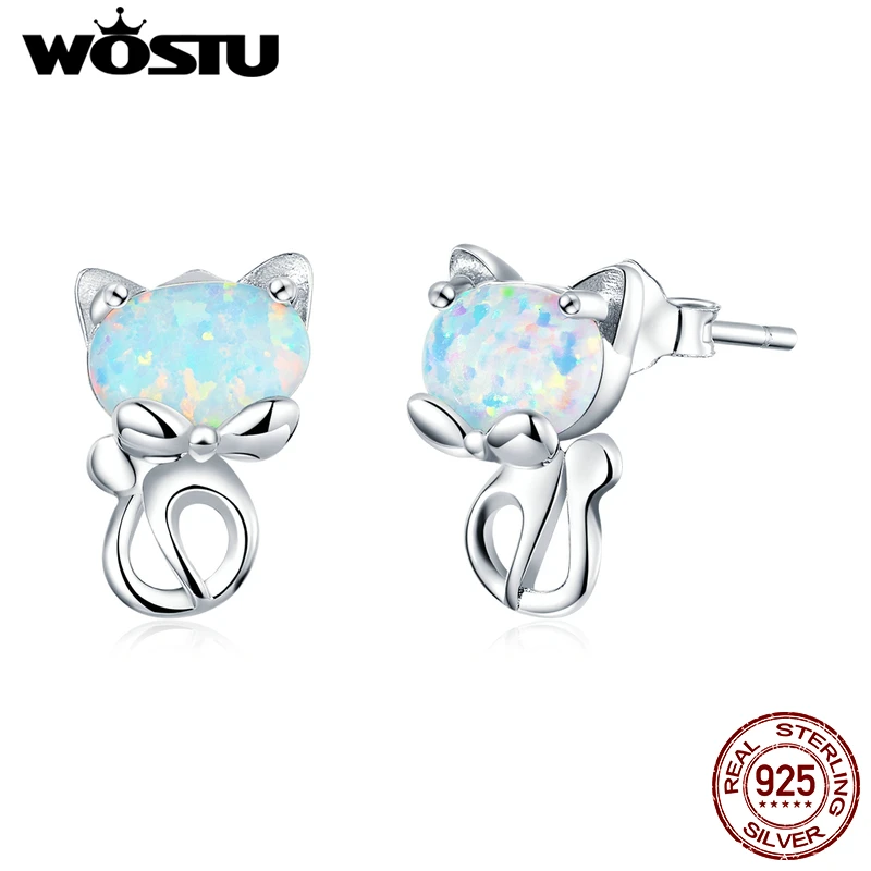 WOSTU подлинные 925 пробы серебряные серьги гвоздики с милым котиком и опалом для