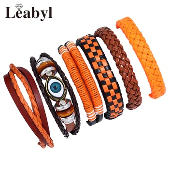 

Classic Dropshipping Devil's Eye Orange Leather Strap Vintage Bracelet for Men Women Gift DIY Handmade Briaded Punk Bracelet Set