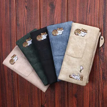 

Women Cute Cat Wallet Long Zipper Jeans Style PU Leather Phone Case Card Holder Purse Carteira Feminina J9