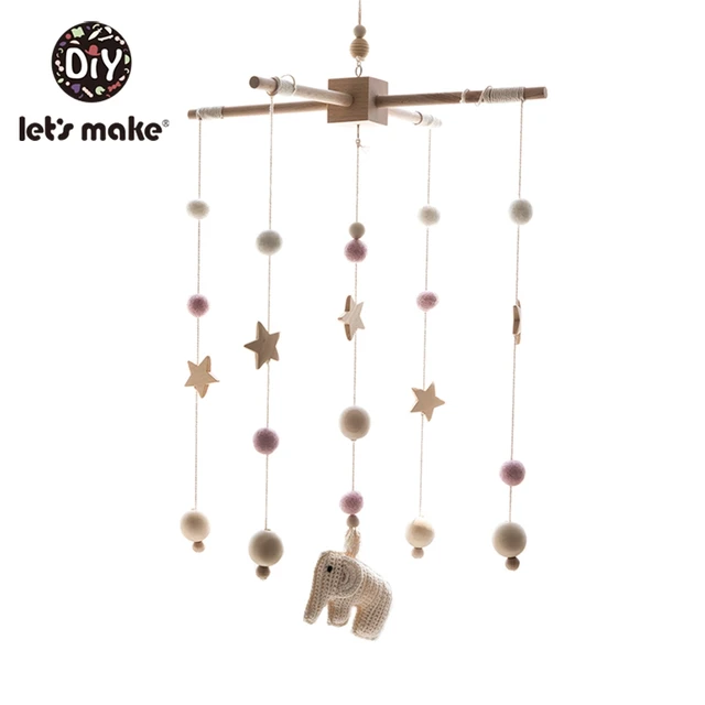 Let'S Make Wood Baby Bed Toys Gift Crib Mobile Infant Room Stroller Music Baby Felt Wool Ball Rattles Wooden Teether Toys Beige Elephant