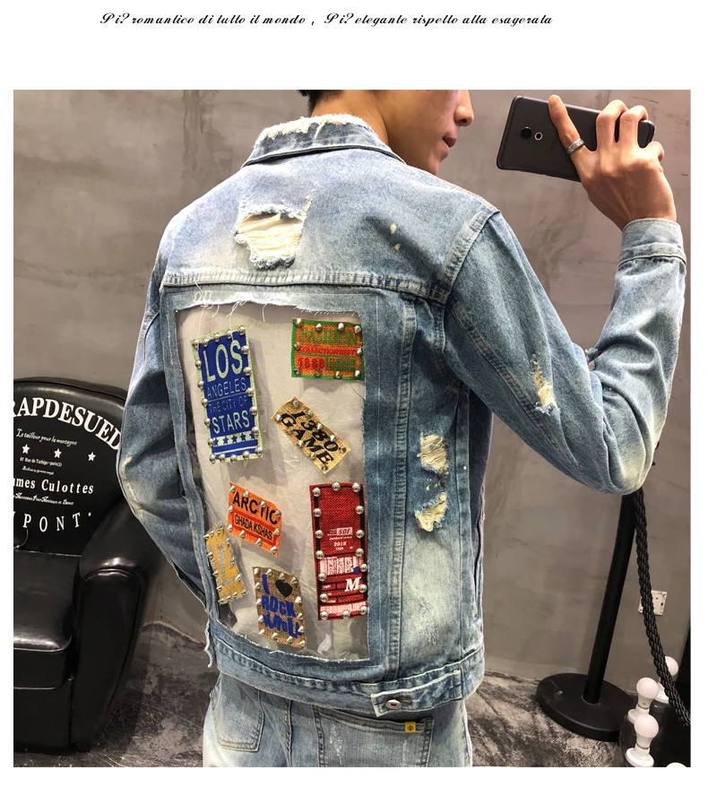Lente Mannen Mode патч деним Jas Mannen Jassen bordoren джинсы Jas Uitloper Slim Fit Mannelijke Jasje Jaqueta Masculina