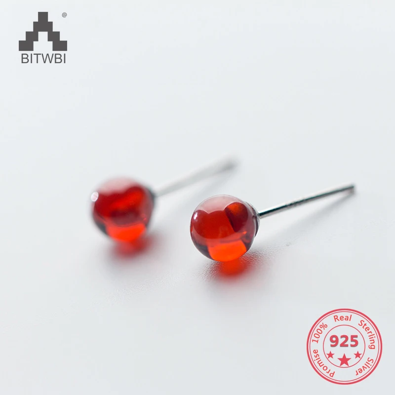 

925 Sterling Silver Red Pomegranate Crystal Stud Earrings Women Fashion Cute Round Ball Temperament Ear Jewelry Holiday Gift