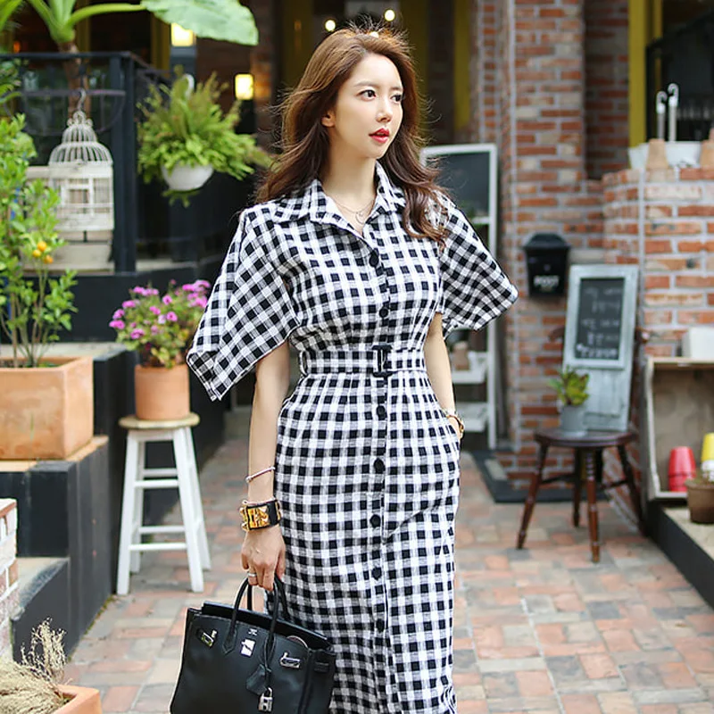 

2019 New Style Korean-style Ol Elegant Single Breasted Slim Fit Waist Hugging Mid-length Plaid Fashion Dress Women's