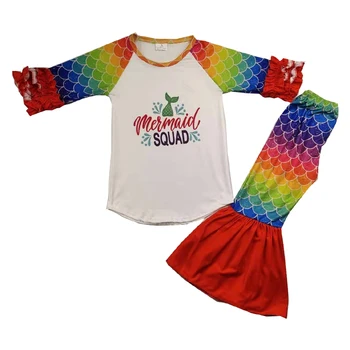 

boutique kids girl clothing colorful mermaid icing sleeve fall outfits long bell bottom set