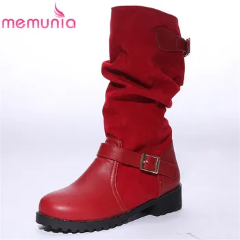 

MEMUNIA 2020 new arrival mid calf boots women flock +pu buckle low heels casual shoes comfortable autumn winter boots female