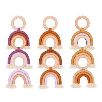 

OOTDTY Baby Teething Ring Rainbow Wooden Boho Baby Teether Stroller Toys Shower Gift