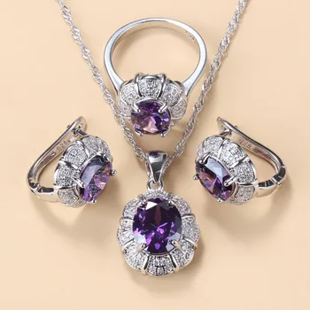 

Bridal Jewelry Sets 925 Sterling Silver Purple Natural Stone Crystal Clip Earrings And Necklace Ring Wedding Accessories