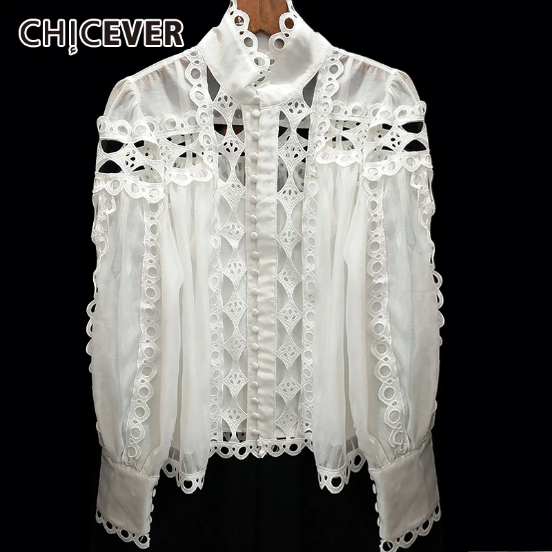 CHICEVER, женские рубашки, блузка со стоячим воротником, с длинным рукавом, с вырезами, из кусков, кружевные топы, женские,, Осенние, элегантные, модные, новые