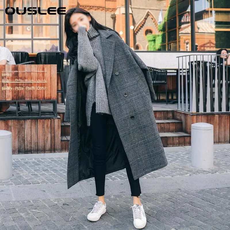 

OUSLEE-Women's Plaid Woolen Coat, Mid-length, Korean Oversized, Preppy Student Loose, Over-the-knee, Autumn, Winter