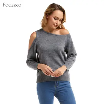 

FADZECO 2019 Autumn Winter Women's Knitted Sweater Off Shoulder Pullovers Sweater Long Sleeve Female Jumper Gray Sexy Clothes