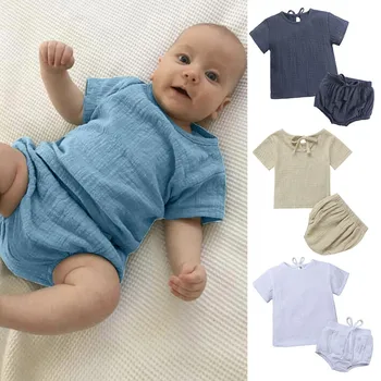 

2020 Newest Baby Boy Summer Clothing Newborn Kids Baby Girl Clothes Cotton Linen Tops+Shorts Pants Solid Toddler Outfits Sets