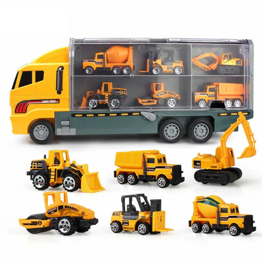 

7pcs Yellow Truck Car Portable Transport Container Truck Car Alloy Car Model Big Mac Cargo Truck Children's Toys Best Gift