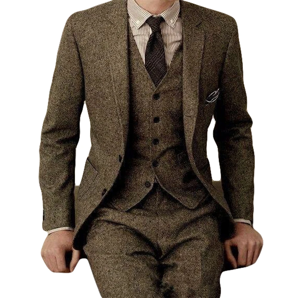 

Latest Coat Pant Designs Brand Brown Tweed Suit Men Set Slim Fit Custom Wedding Suits for Men 3 Piece farm wood Blazer Tuxedo