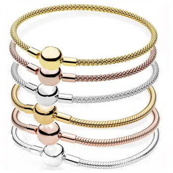 

Rose Gold & Silver Smooth Ball Clasp Mesh Snake Chain 925 Sterling Silver Bracelet Bangle Fit Fine Bead Charm DIY Jewelry