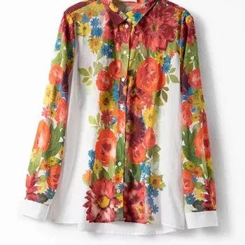 

Women Flower Print Blouse and Shirt 2020 New Spring Summer Long Sleeve Turn-down Collar Cotton and Silk Ladies Elegant Tops