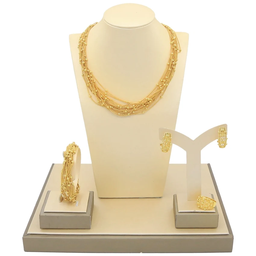 Yulaili, новинка, Дубай, золотые ювелирные наборы, модное золотое ожерелье, серьги-гвоздики, браслет, кольцо для женщин, нигерийские Свадебные украшения - Окраска металла: Gold