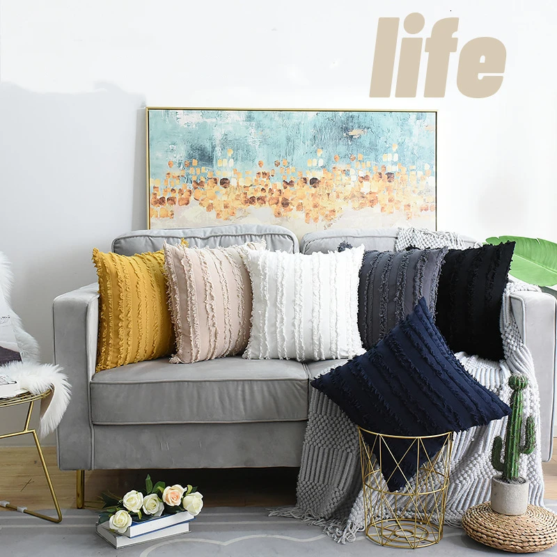 Однотонная домашняя декоративная наволочка для дивана желтая серая белая наволочка с кисточками наволочка для декоративных подушек