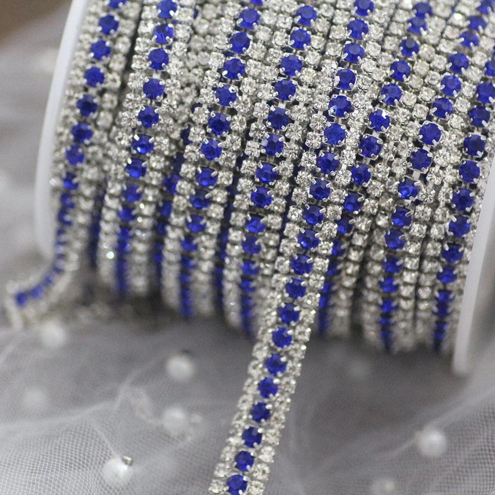 

3 Rows Colorful rhinestone cup chain sew on rhinestone trim Silver or Gold base DIY clothing bags Shoes red blue sew on stones