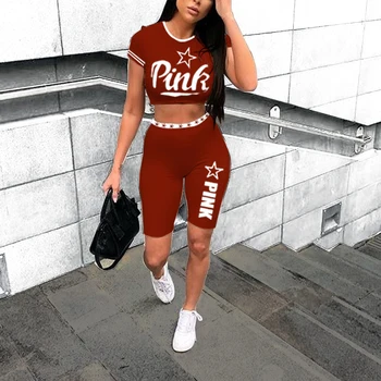 

Plus Size 2 Piece Shorts Set Summer Streetwear Women Tracksuit Pink Letter Print Top Biker Shorts Casual Two Piece Outfits Red