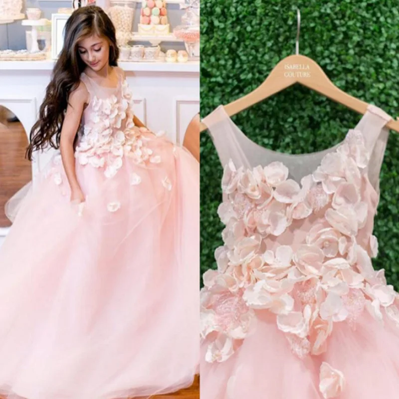 Милые розовые платья для девочек с цветочным рисунком, пышные цветы ручной работы, платье для причастия, маленькая девочка паж