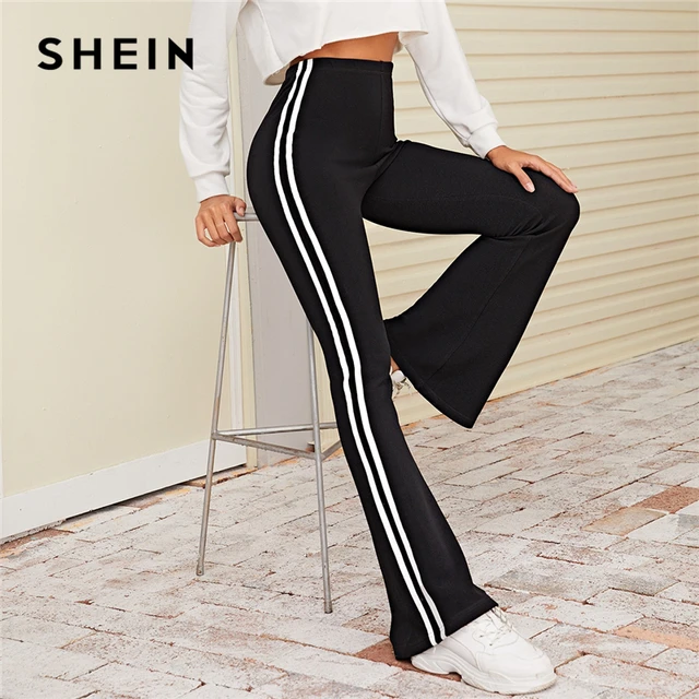 US $18.00 SHEIN Black Striped Side Flare Leg Stretchy Pants Women Bottoms 2019 Autumn Active Wear High Waist 