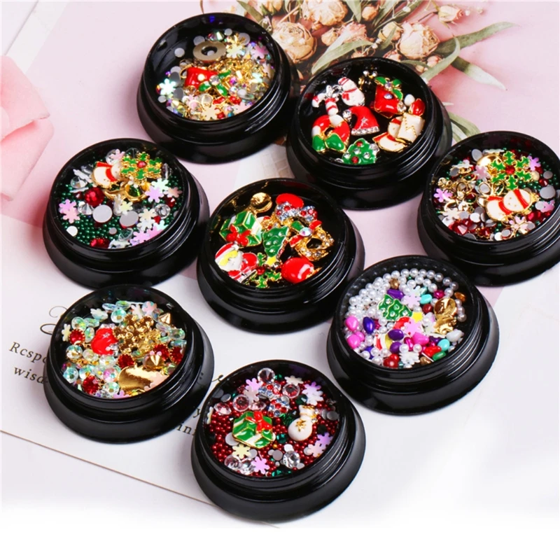 

Q1QD 1 Box Christmas Nail Rhinestones 3D Nails Charms Metal Studs DIY Nail Art Decor