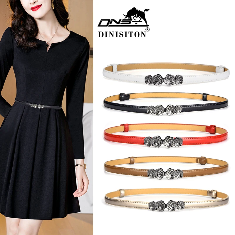 

DINISTON Womens Fashion Double Section Belts High Quality luxury Windbreaker Dress Waistband New Casual Jeans Leather Thin Belt