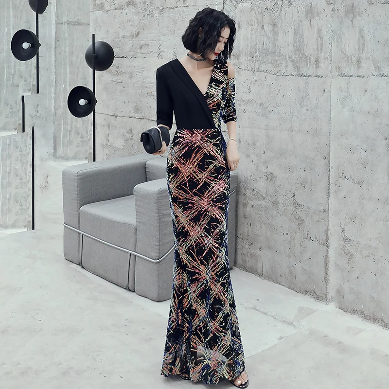 Супер шикарное вечернее платье с блестками, Qipao, сексуальное, с открытыми плечами, тонкое, Русалка, халат De Soiree, новинка, глубокий v-образный вырез, Robe De Soiree