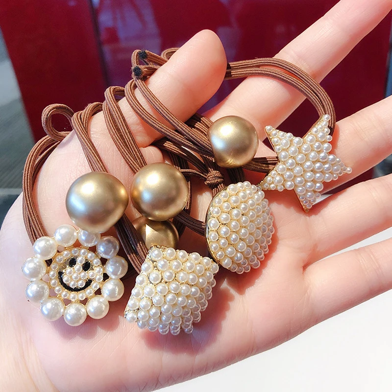 

New Fashion Pearls Hair Bands Star Round Square Geometric Headbands Smile Double Elastic Rubber Bands Hair Accessories For Women