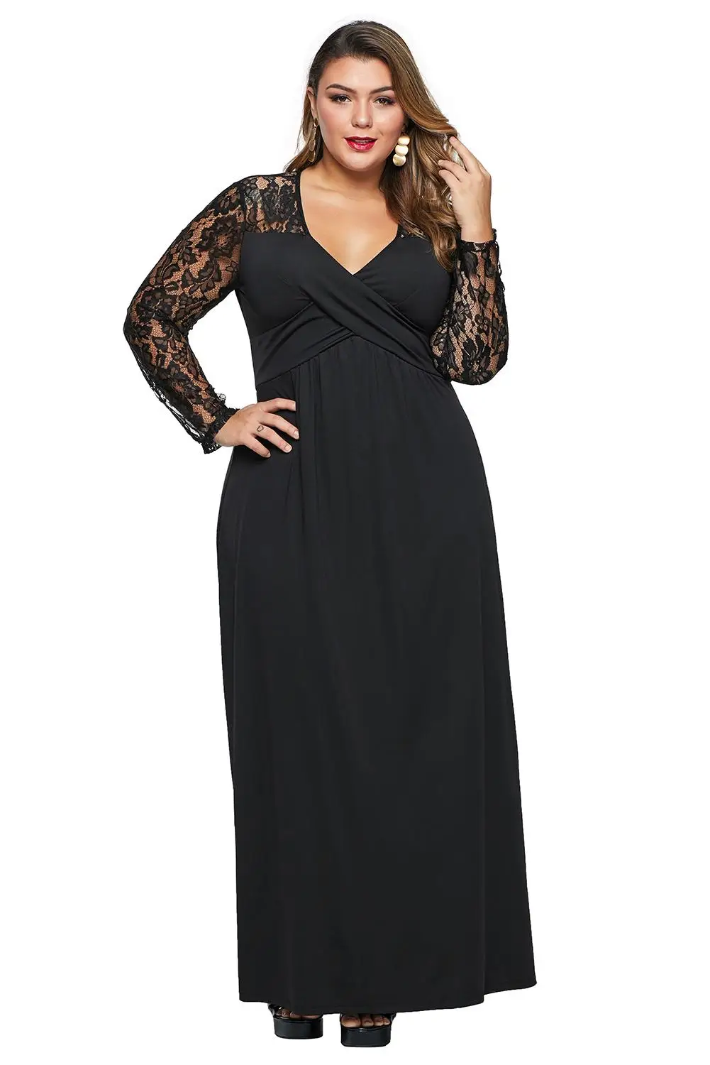 Adogirl, XL-5XL, женское платье, плюс размер, черное, кружевное, рукав, крест, обёрточная бумага, бюст, с рюшами, сзади, макси, для вечеринки, платье, длинное, Vestidos