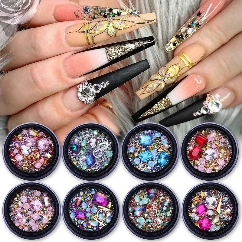 

1 Box 3D Nail Rhinestones Mixed Size Colorful Crystal Nail Art Decoration Flat Bottom Nail Studs Accessories