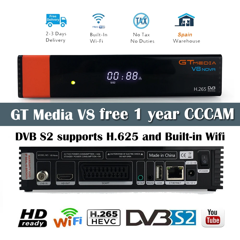 

v8 nova dvb s2 tv ricevitore satellitare satellite freeset V8 with 1 year CCCam spain 1080p HD GTMedia v8 built in WIFI Receiver