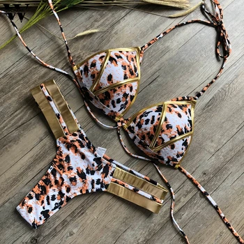 

Sexy Bikinis set swimwear Hot summer Micor Leopard Print Gold Push-Up Lace Up Two Pieces Bathing Bandeau swimsuit women Beach P0