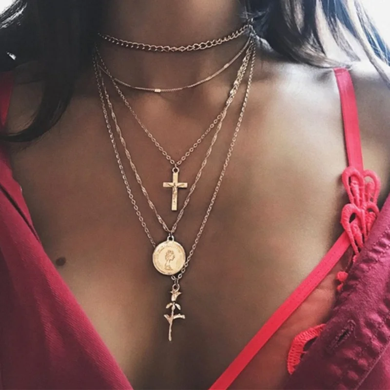 Bohemian Crescent Moon Star Multi layered Necklaces For Women Choker Vintage Coin Cross Pendant Necklace Statement Jewelry 2024