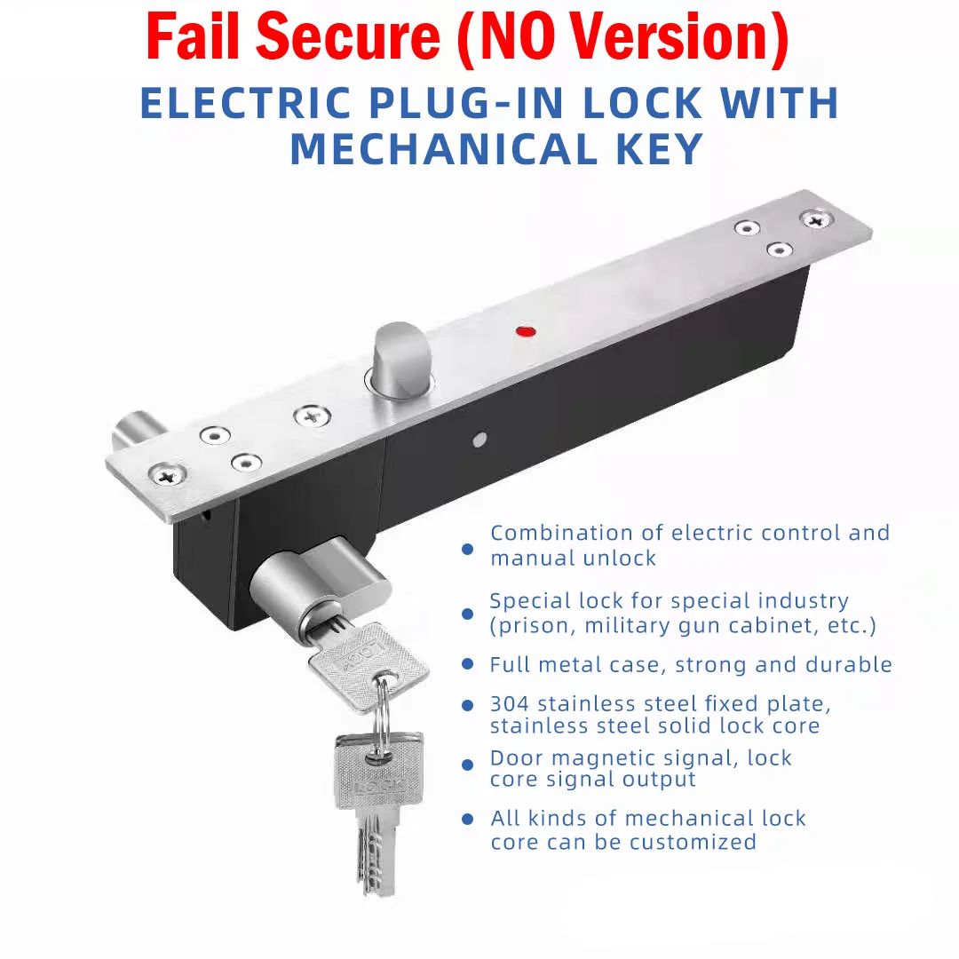 DC 12V Fail Secure Bolt Lock With Mort Lock Cylinder Mechanical key locking Drop