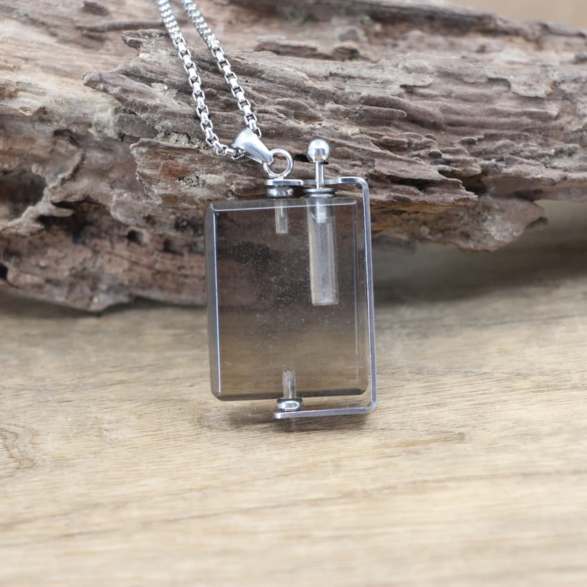 Natural Crystal Rotatable Rectangle Perfume Bottle Pendants Rose/Smoky Quartzs Essential Oil Vial Charms Necklace Jewelry QC1074