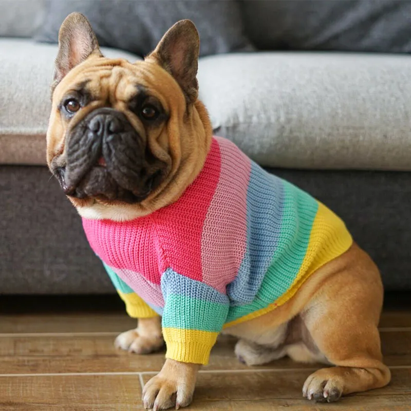 Теплая одежда для собак, зимний Радужный свитер для собаки, пальто для полных собак, французский бульдог, одежда для домашних животных для маленьких и средних собак, костюм для щенков, мопс