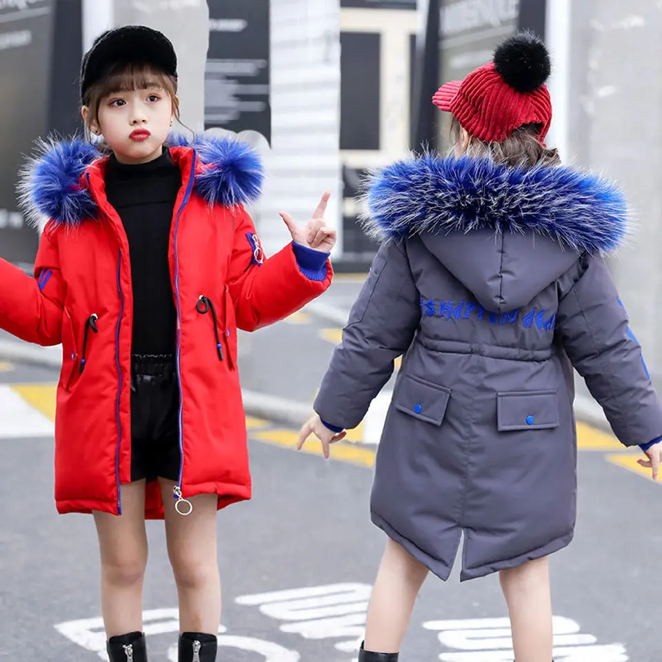 Детская зимняя куртка для мальчиков и девочек коллекция года, новое повседневное длинное пальто с меховым капюшоном для девочек теплая парка подростковая одежда для детей возрастом от 10 до 12 лет