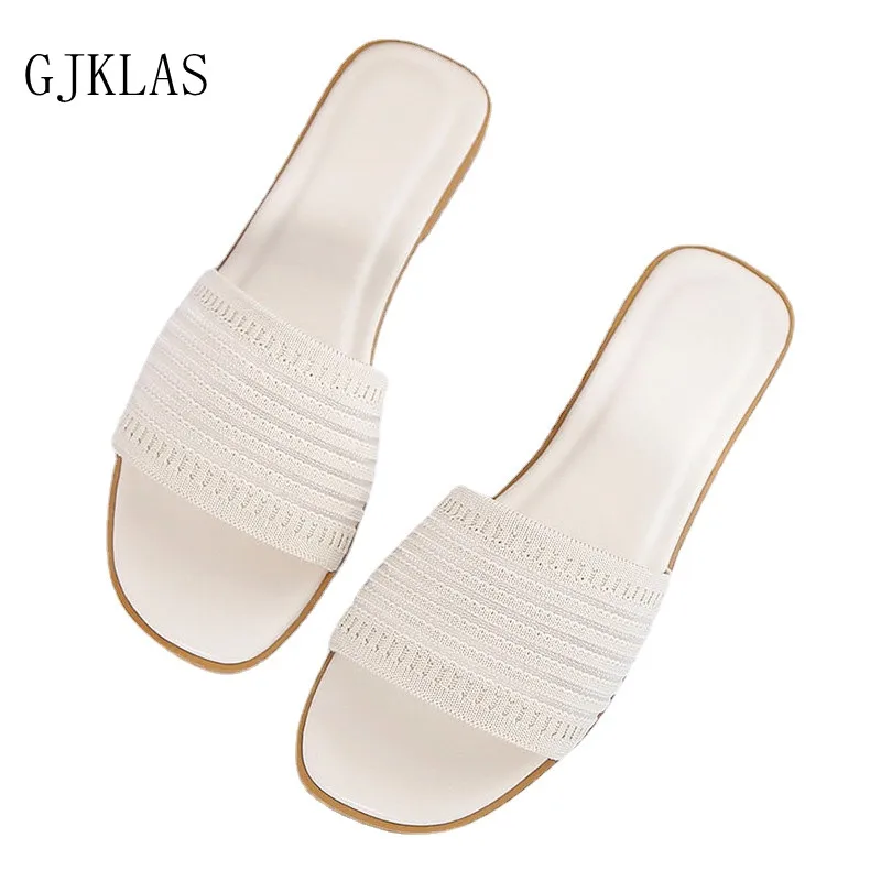 

Women Mules Shoes Flats Spring Summer Ladies Slippers Knit Fabric Stretch Slip on Slides Outside Sandals Flat Sandals Woman