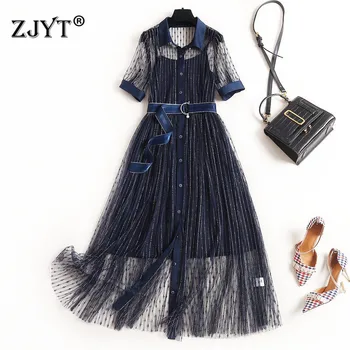 

Runway Designer Fashion Summer Dresses for Women 2020 New Clothes Elegant Short Sleeve Transparent Mesh Sexy Dress