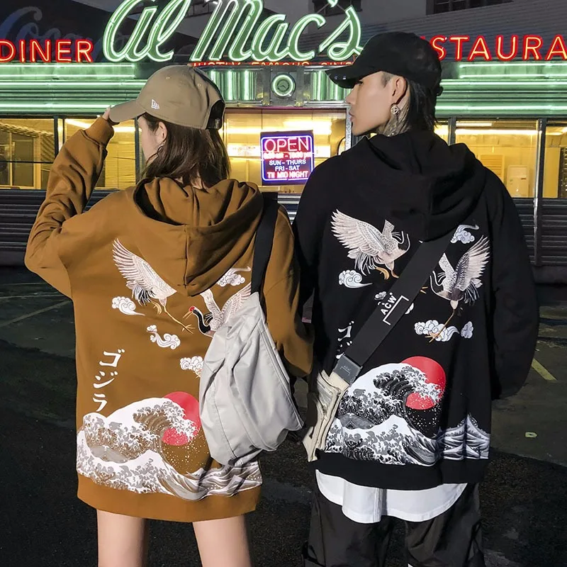 Хип хоп Уличная Толстовка для мужчин Harajuku кран вышивка Толстовка японский стиль длинный рукав модный осенний свитер Топы с капюшоном