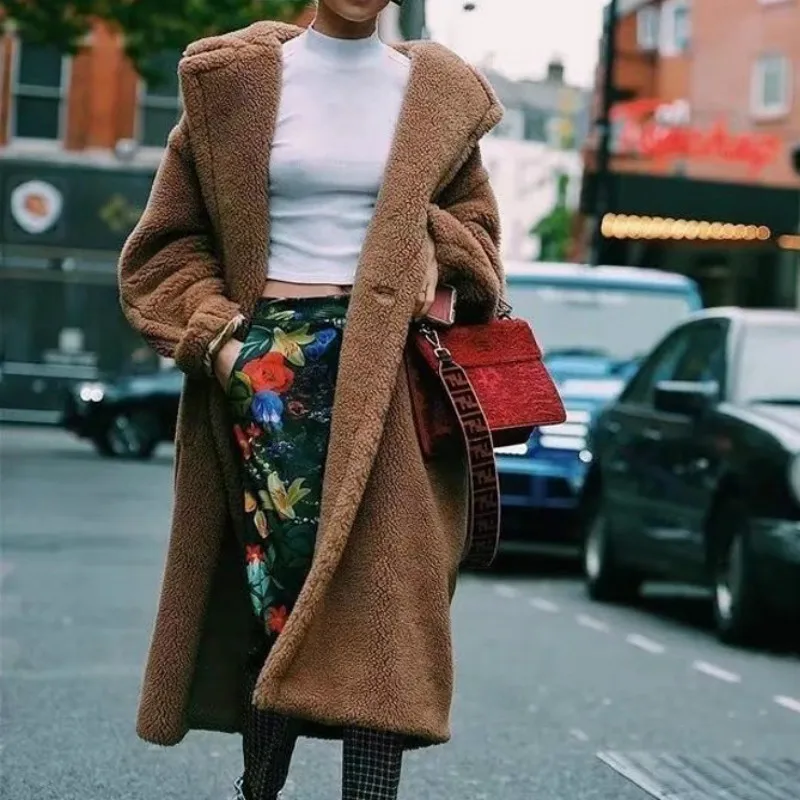 

2020 Coat Winter Warm Jacket Wool Coat Ladies Faux Fur Mid-length Lapel Trendy Ladies Wool Long High Street Fur