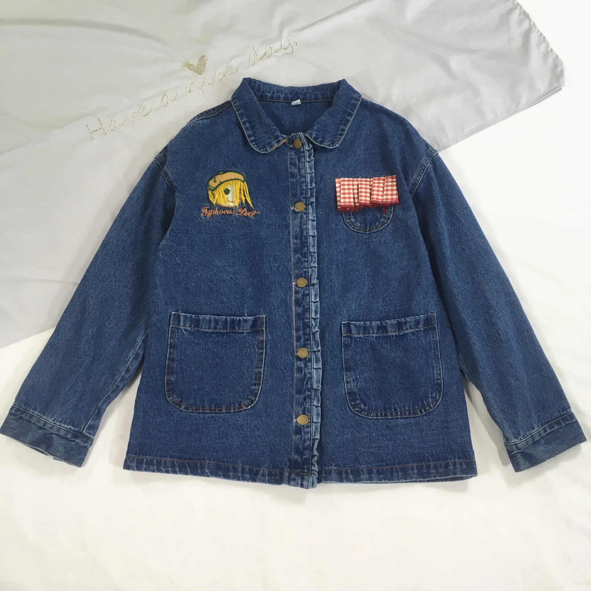 

Japanese-style Hipster Plaid Flounced Button Doll Embroidered Peter Pan Collar Jeans Coat Students Women's