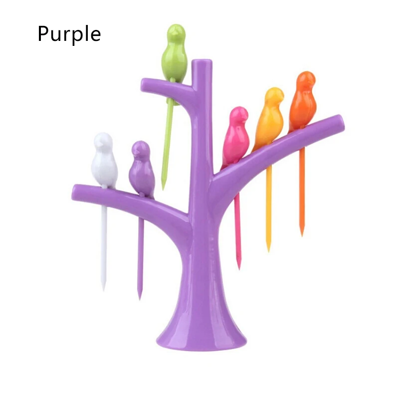1 Набор из 6 вилок для фруктов, модный креативный кронштейн для дерева, набор вилок для фруктов с летающей птицей, экологически простой знак для фруктов - Цвет: Purple