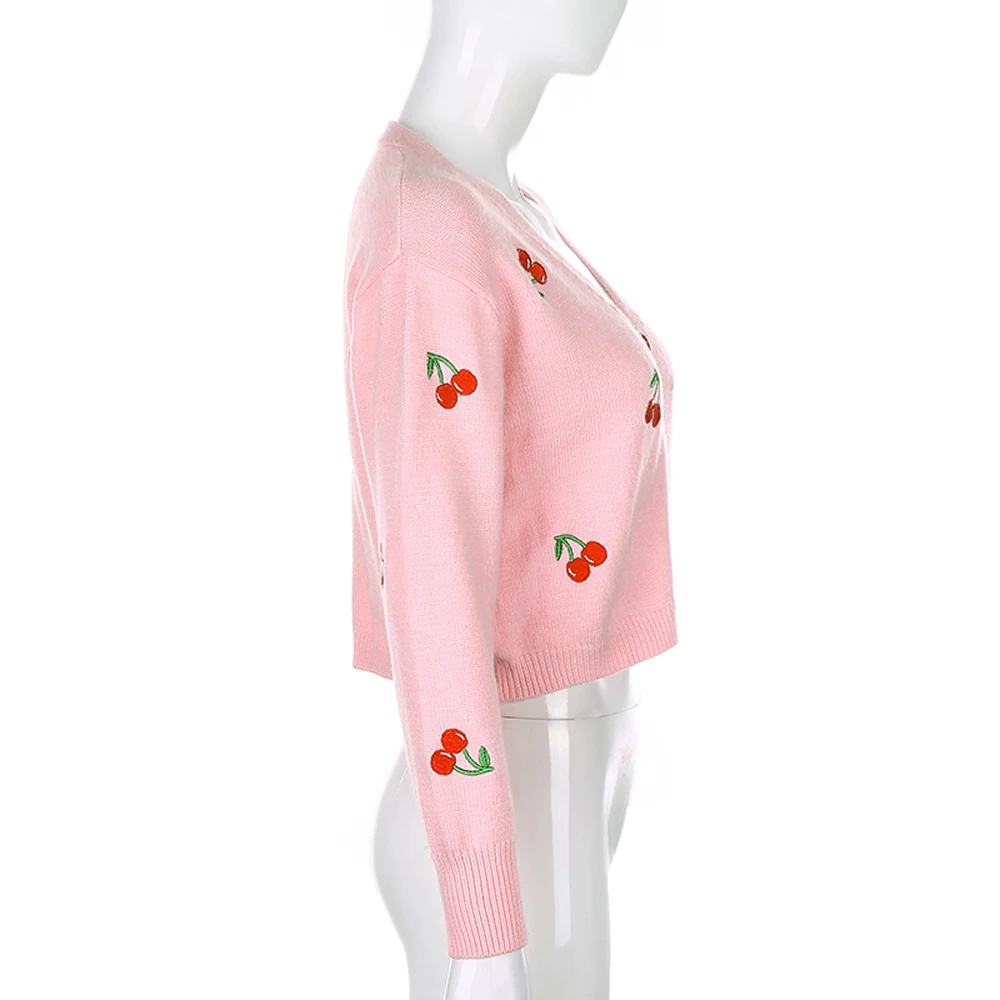white sweater Knit Cardigan Sweaters Women Long Sleeve V Neck Casual Loose Cherry Print Crop Tops Coats Female Spring Autumn Outerwear pink cardigan