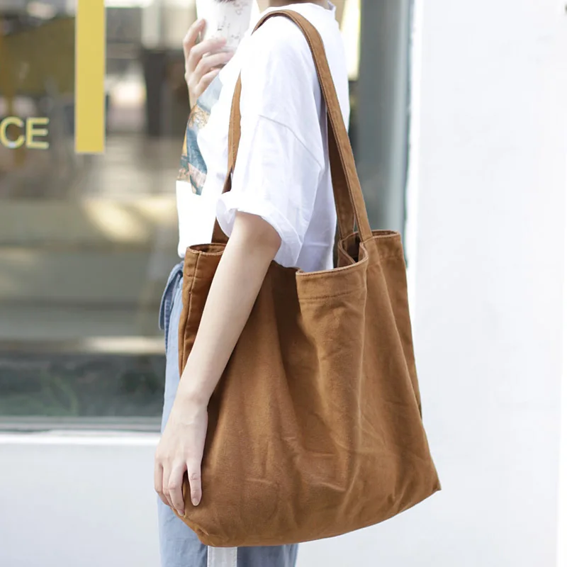 Ougger Women Large Capacity Shoulder Bags Handbags High Quality Brown Canvas Soft Solid Open Vintage Shopping Bag Casual Tote