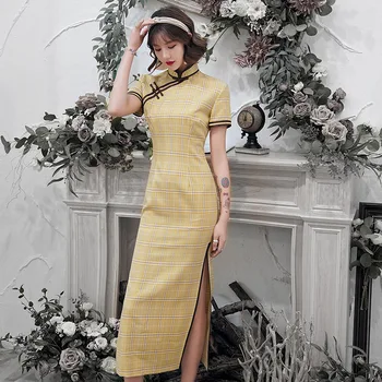 

Elegant QIAPO Women Large Size 4XL Cheongsam Mandarin Collar Plaid Chinese Traditional Formal Party Dress Short Sleeve Vestidos